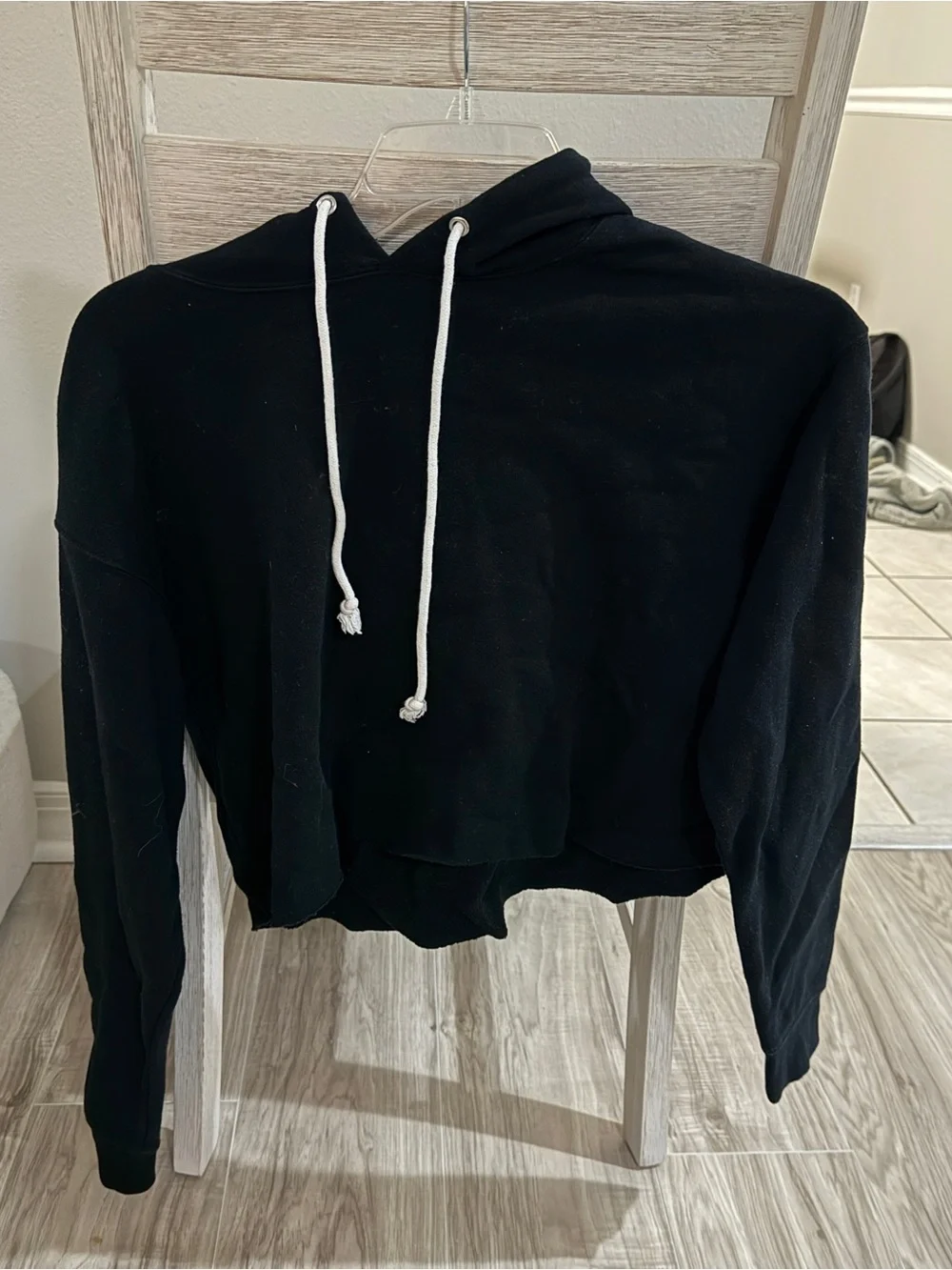 Black Cropped Hoodie with Drawstring - Picture 1 of 2